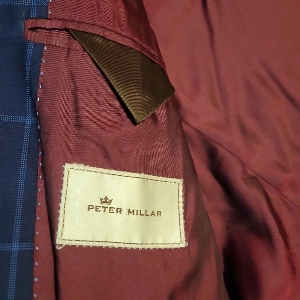 Peter Millar Blazer Jacket 46T Blue 100% Wool Windowpane Sport Coat Two-Button